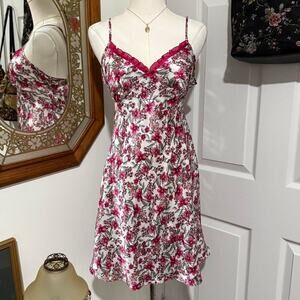 Y2K Adonna White & Pink Whimsy Floral Satin Ruffle Trim Mini Lingerie Slip Dress